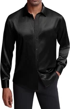 J.VER Men Silk Satin Long Sleeve Dress Shirts Shiny Casual Button Down Shirt