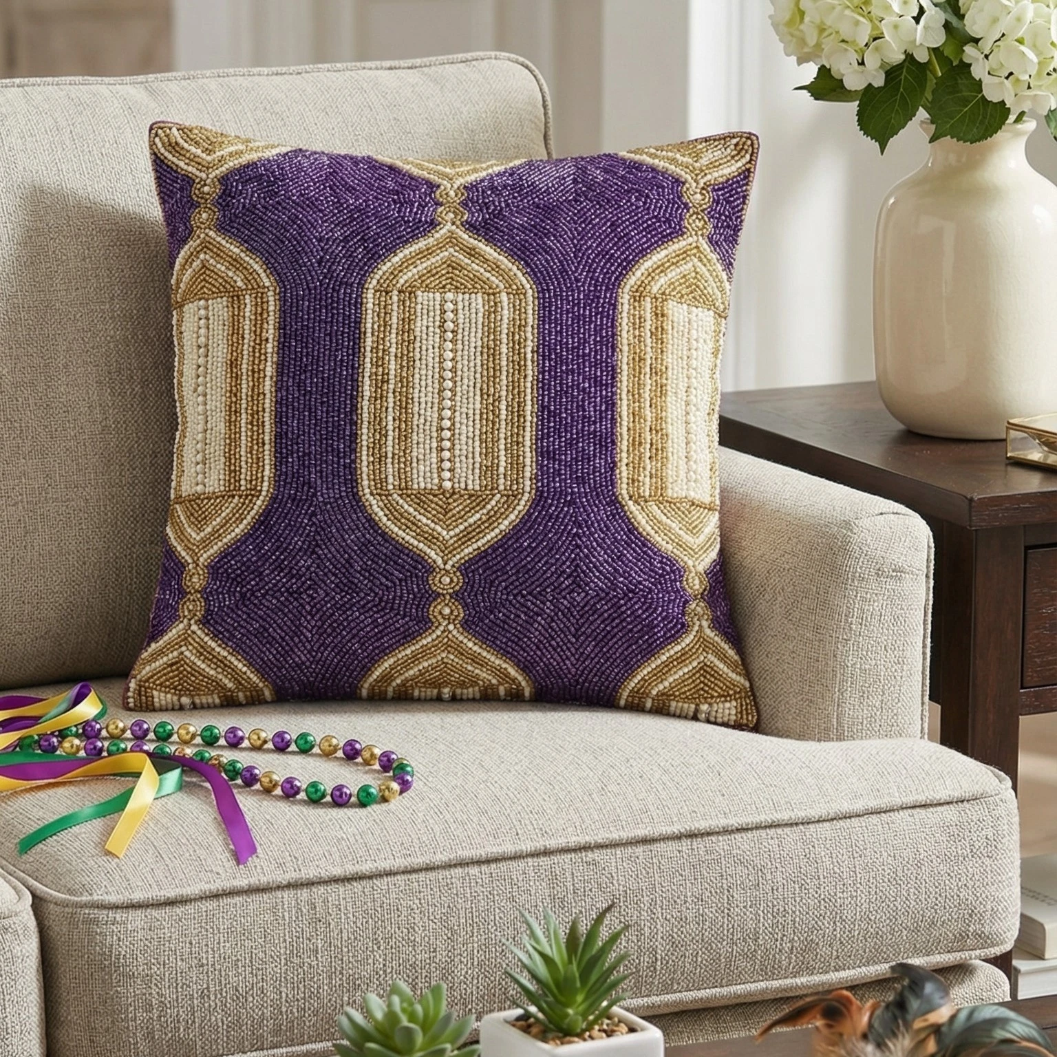 Beaded Throw Pillow Cover - Purple Gold Moroccan Geometric Decorative Cushion
Opens in a new window
