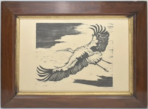 Clamp, Flying Stork. [Signed Original Woodblock Print, Framed].