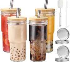 4 Pcs 24 oz Glass Cups With Lids and Straws & 4 Airtight Lids, Reusable Smoot...