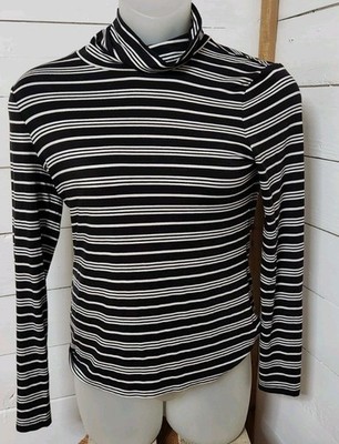 Talbots Mock Neck Shirt Size Womens S  Black Striped Long Sleeve 