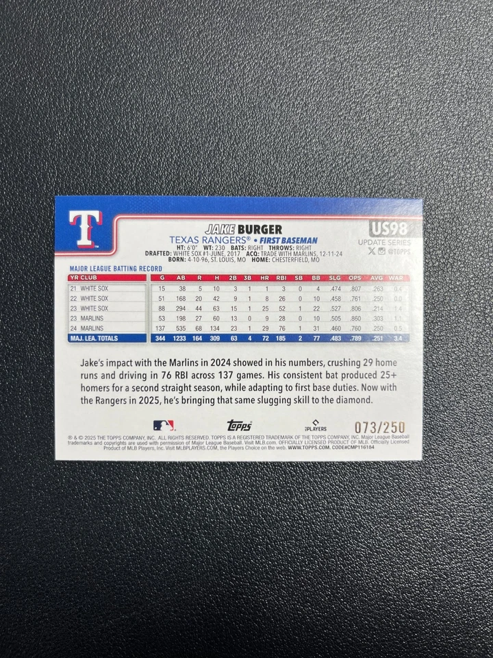 2025 Topps Update Series Jake Burger Purple Foil 073/250 BJDQY - Image 2 of 4