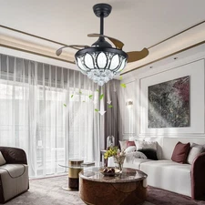 Modern Invisible Ceiling Fan Light Dimmable Lamp W/Remote LED Crystal Chandelier