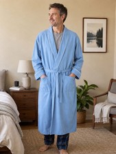 Vintage L.L. Bean Long Line Bath Robe Man XL Blue Pocketed Tie Wrap