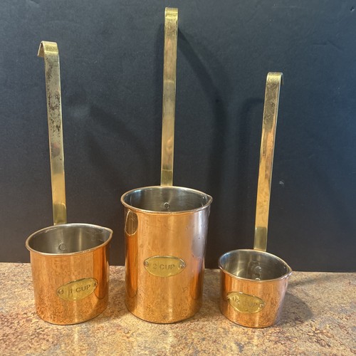 Vintage Copper Nesting Measuring Cups Hanging Ladle Brass Handles Set Of 3