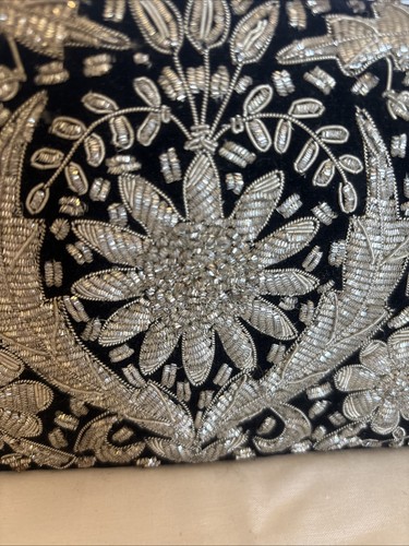 Vintage 1970s Black Velvet Clutch Rhinestone Floral - Picture 6 of 17