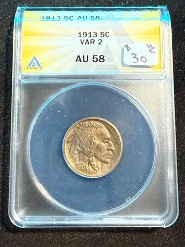 1913 BUFFALO NICKEL VARIETY 2 ANACS AU 58 703