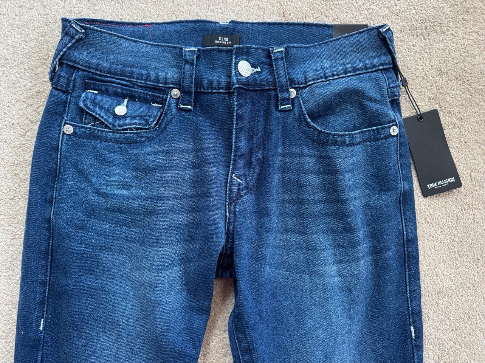 TRUE RELIGION MENS GENO BIG T FLAP SLIM JEANS, BARN WASH BLUE, NWT $199 thumbnail 2