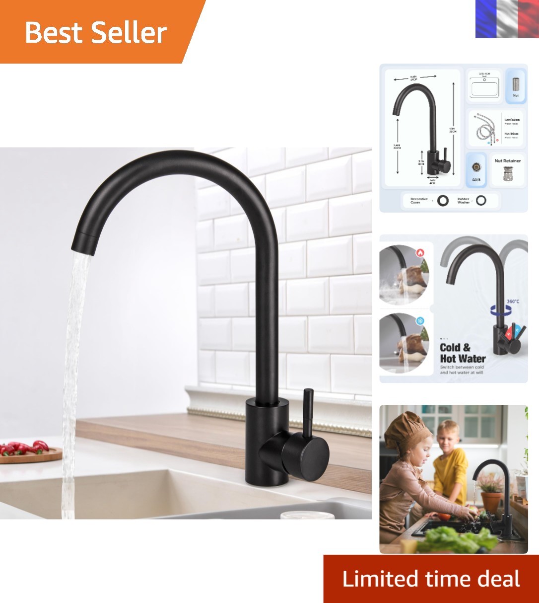 Robinet de cuisine noir en acier inoxydable avec bec rotatif à poignée unique