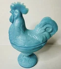 Vintage Portieux Vallerysthal Blue Opaline Rooster Bonbonnier Candy Dish
