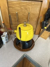 Vintage 70s Mid Century Enameled Fondue Pot Set Yellow, Complete, By Styson
