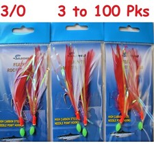 3 to 100 Packs 3/0 rock cod rigs Red/White feather rockfish baits -2 Rigs/pack