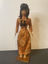 2 Vintage Vietnamese Dolls Plastic Wooden Base 15.5  / 9.3  tall