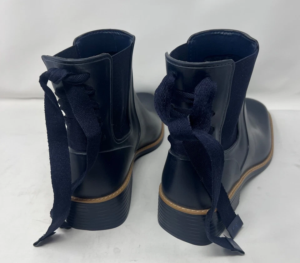 Bernardo Briton Botas de Lluvia Azul Marino Con Cordones Arco Trasero Impermeables Pull-On Foto 3 de 4