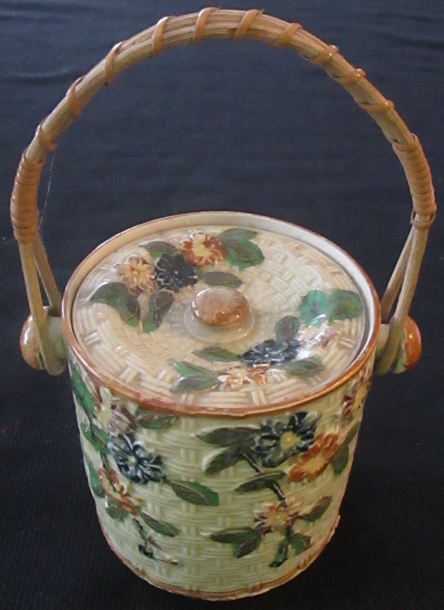 VINTAGE BISCUIT JAR & LID W/WICKER SWING HANDLE JAPAN | eBay