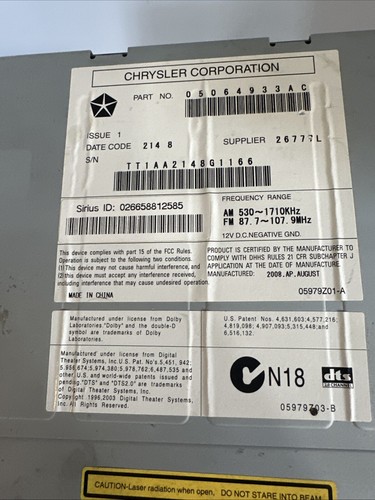 2008-12 Chrysler Dodge Jeep FM/AM Radio MP3 6 CD DVD Changer OEM P/N: 05064933AC - Picture 3 of 11