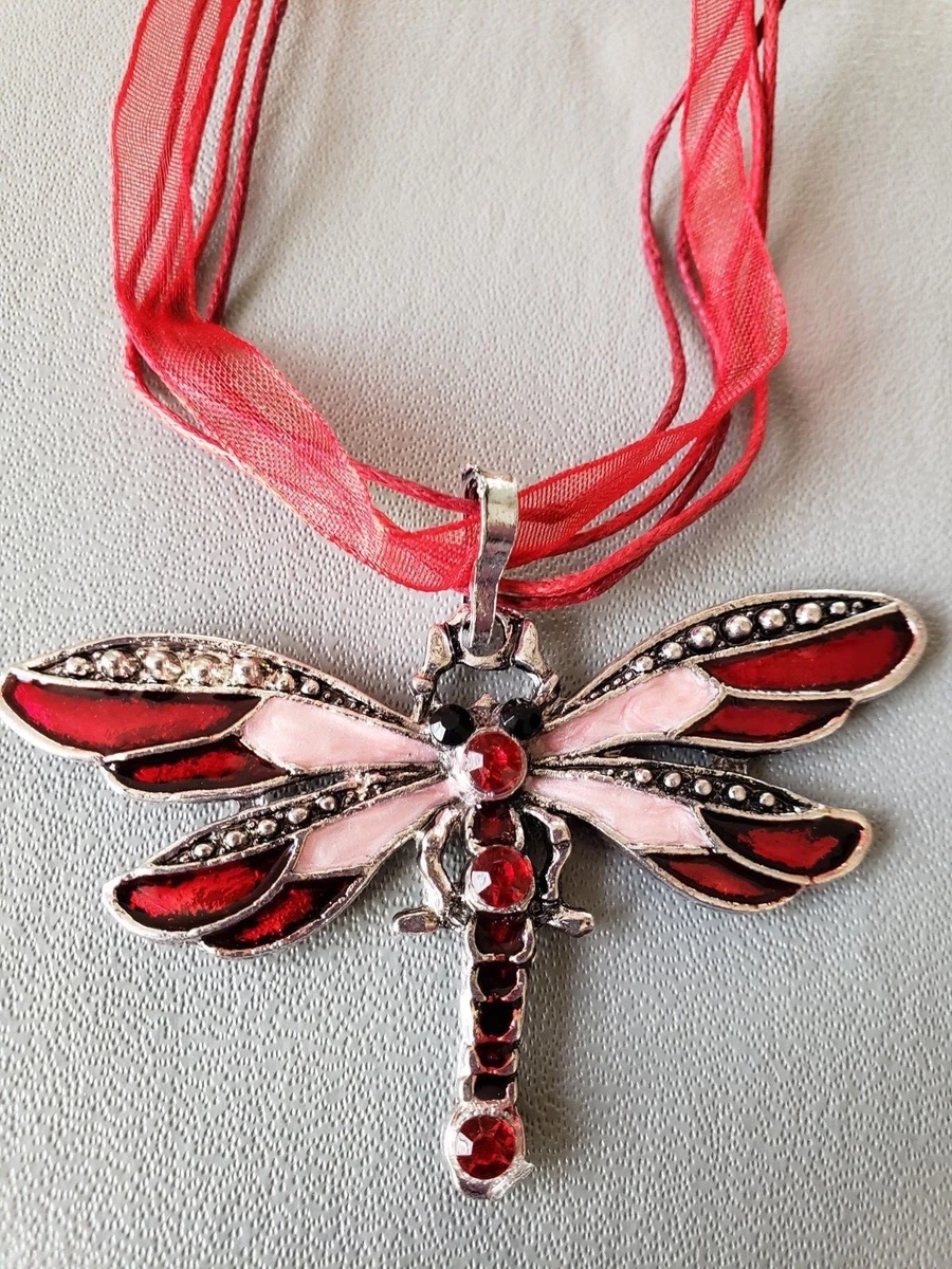 NEW Large Red and Pink Enamel and Rhinestone DRAGONFLY Necklace eBay