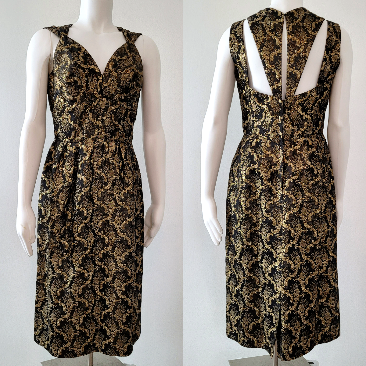 Vintage Cocktail Dress Women M? Black Gold Brocade 50's - 60's USA Union Made-image