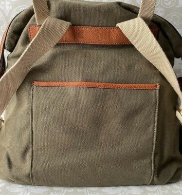 G.I.L.I. Leather Trim Canvas Backpack Olive Stripe Zip Top Adjustable Straps G.I.L.I. Canvas Backpack OLIVE Stripe Zip Top Adjustable  main image 3