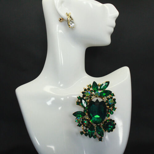 Vintage Luxury Crystal Glass Green Rhinestone Corsage Brooch Collar Pin - Afbeelding 1 van 3