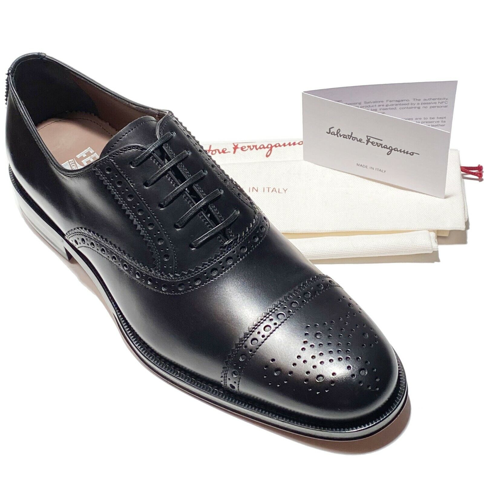 NEW Ferragamo TAK Leather Cap Toe Brogue Oxford Lace-up Men's Black Dress  Shoes