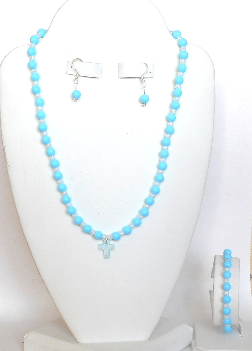 NEW AQUA CROSS  NECKLACE, BRACELET & EARRINGS 4 PIECE CHILD'S JEWELRY SET-NICE