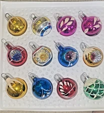 12 Vintage Mercury Glass Indent Ball Ornament Set Mini 1.5" Mica Red Green Gold