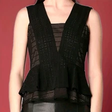 BCBG MAX AZRIA-GLORYA Black Lace Peplum Zip TOP Romantic Whimsy Goth Boho Sz S
