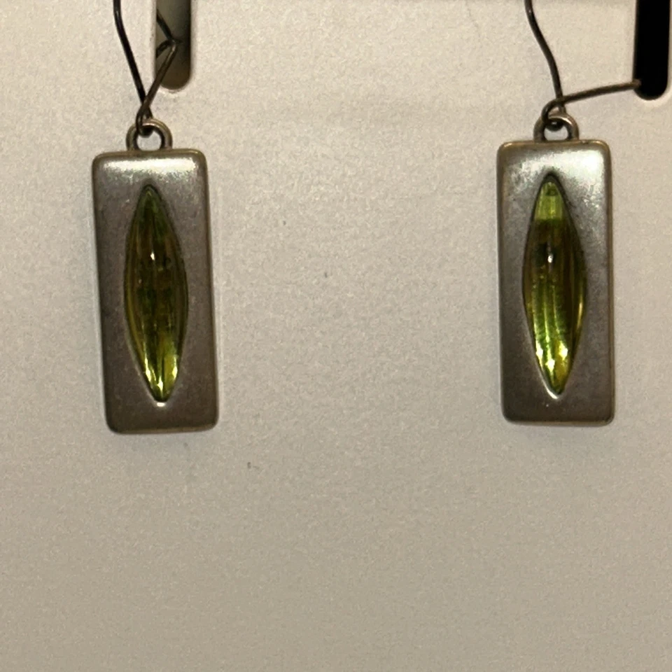 Pendientes colgantes rectangulares de vidrio verde peltre firmados por Jorgen Jensen Dinamarca raros Foto 4 de 4