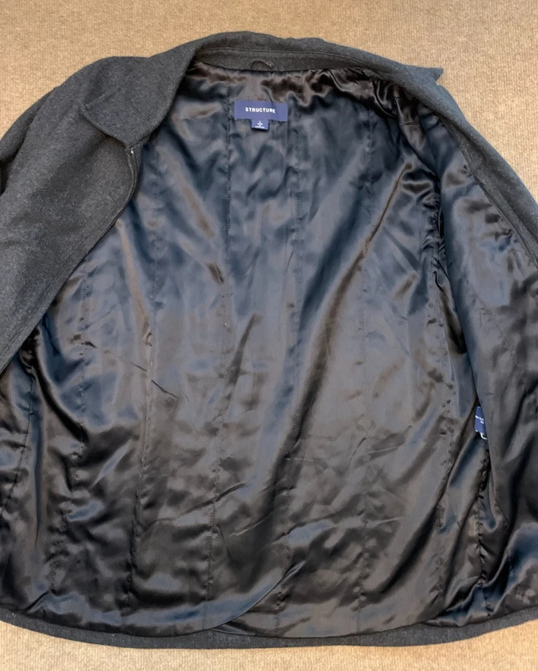 Structure Jacket Mens L Wool Nylon Bomber Lined Preppy Charcoal Zip Up Coat - Image 3 of 4