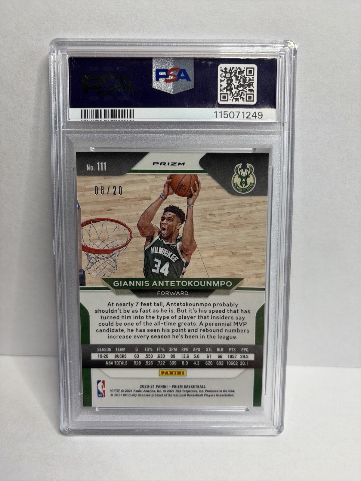 2020-21 Prizm Giannis Antetokounmpo Fast Break Bronze Prizms #8/20 PSA 8 view 2