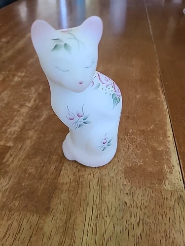 Fenton Cat 5" Signed Hand Painted Flowers Glass Figurine S Davis