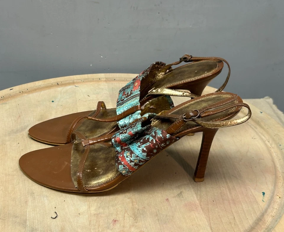 Nine West Strappy Heel Stacked Heel Womens 9M Brown Floral Retro - Image 3 of 4