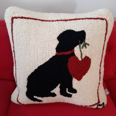 Chandler 4 Corners Hand Hooked Wool 18''x18'' Pillow Black Lab Dog Laura Megroz