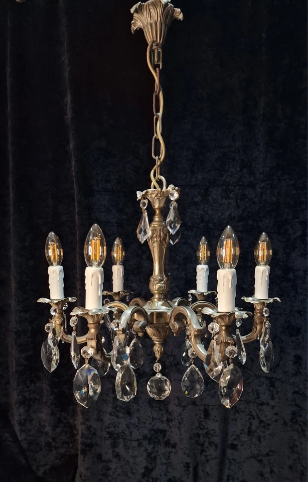 Beautiful Heavy Antique French Bronze Nickel Plated Crystal 6 Arm Chandelier - Image 3 of 4