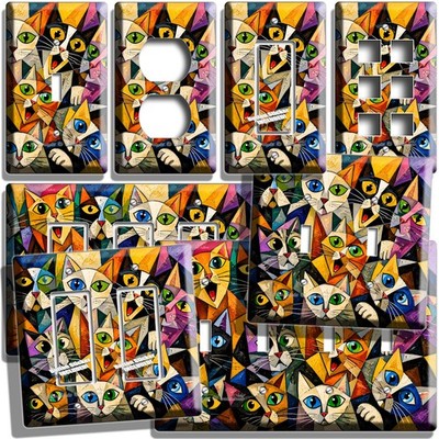 PICASSO STYLE KITTY CATS GREEN BLUE EYES LIGHT SWITCH OUTLET WALL PLATE ROOM ART