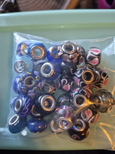 30 Random Black And Blue Euro Beads For Jewelry Or Craft.