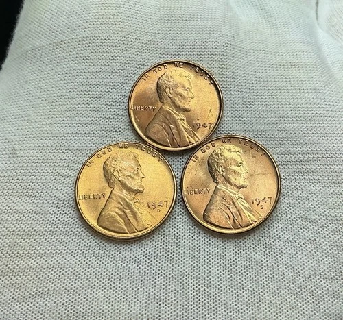1947-P 1947-D 1947-S GEM BU LINCOLN WHEAT PENNY 3-COIN SET Actual Coins K403