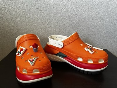 Crocs 7-Eleven Platform Clogs Orange Jibbitz Charms M5 W7 EUC Clean Condition