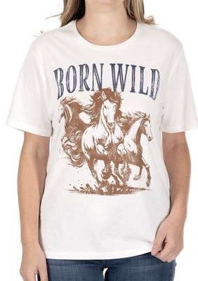 State of Mine Women's White Graphic Tee Born Wild, Horses Size M