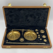 Vintage Brass Apothecary Travel Size Balance Beam Scale Wood Case Made In India