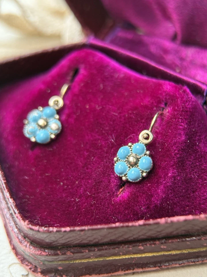 Antike Jugendstil Ohrringe Silber 835 vergoldet Blume Emaille Vergissmeinnicht - Bild 4 von 4