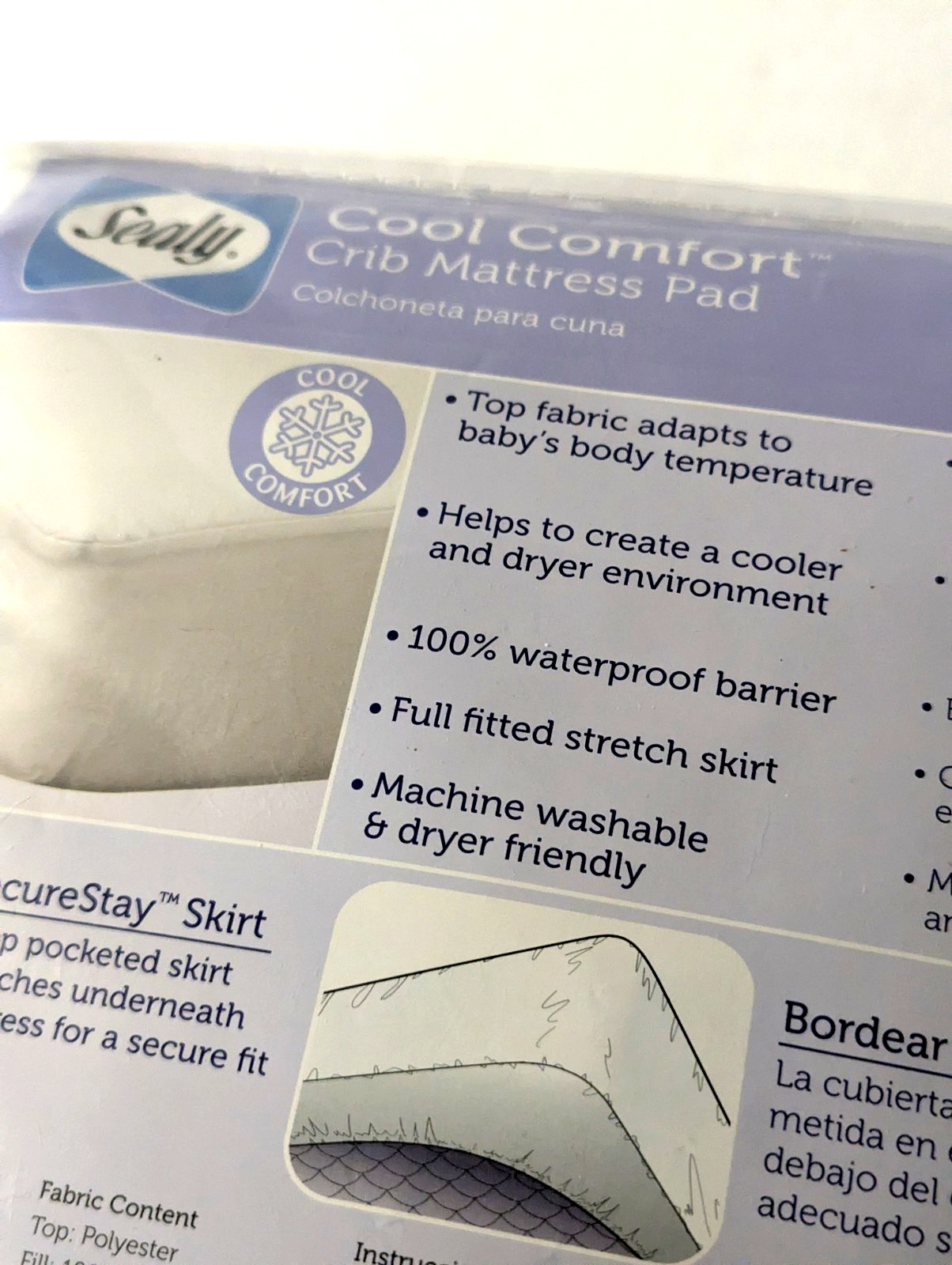 Sealy Cool Comfort Crib / Toddler Bed Mattress Pad 100% Waterproof 52 x 28
