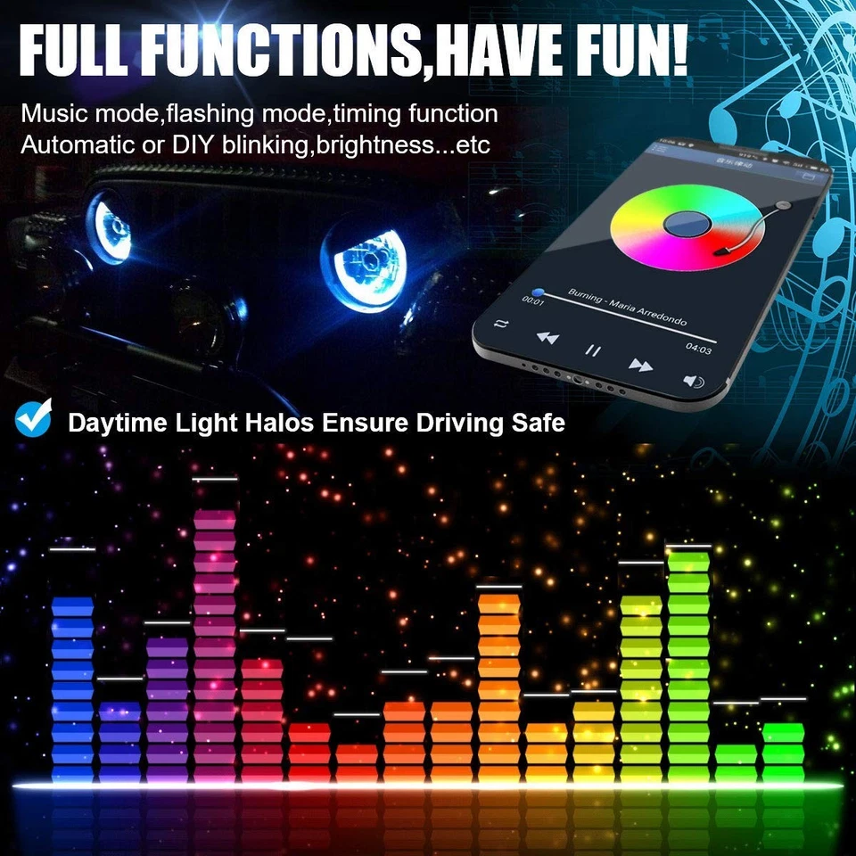 Par de faróis 7" LED RGB Halo Angel Eyes DRL Jeep Wrangler JK LJ TJ CJ - Imagem 3 de 4