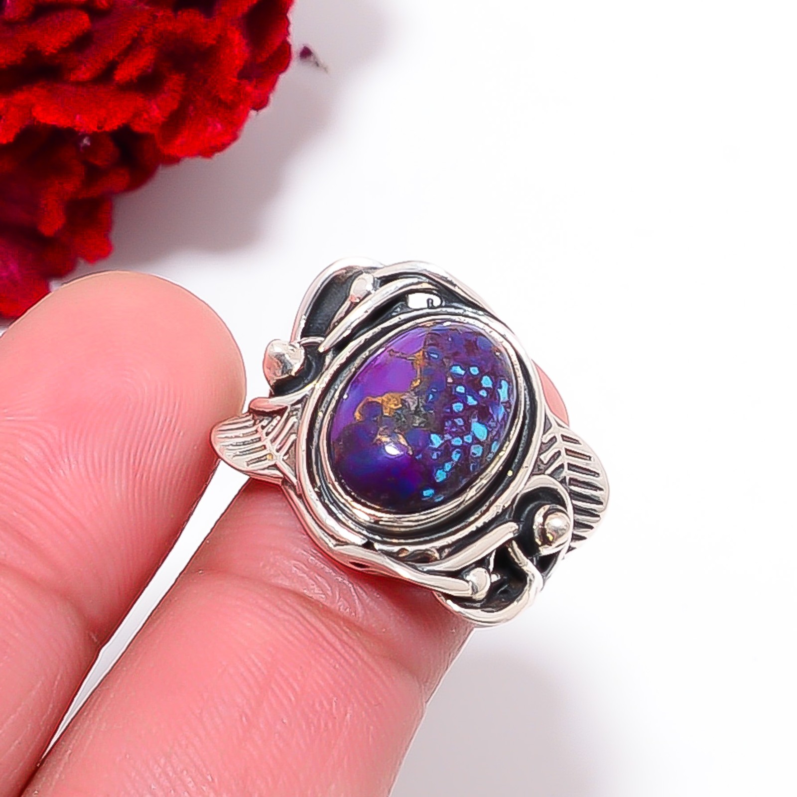 Copper Purple Turquoise Handmade Oxidised 925 Sterling Silver Ring S.6.5 R9798