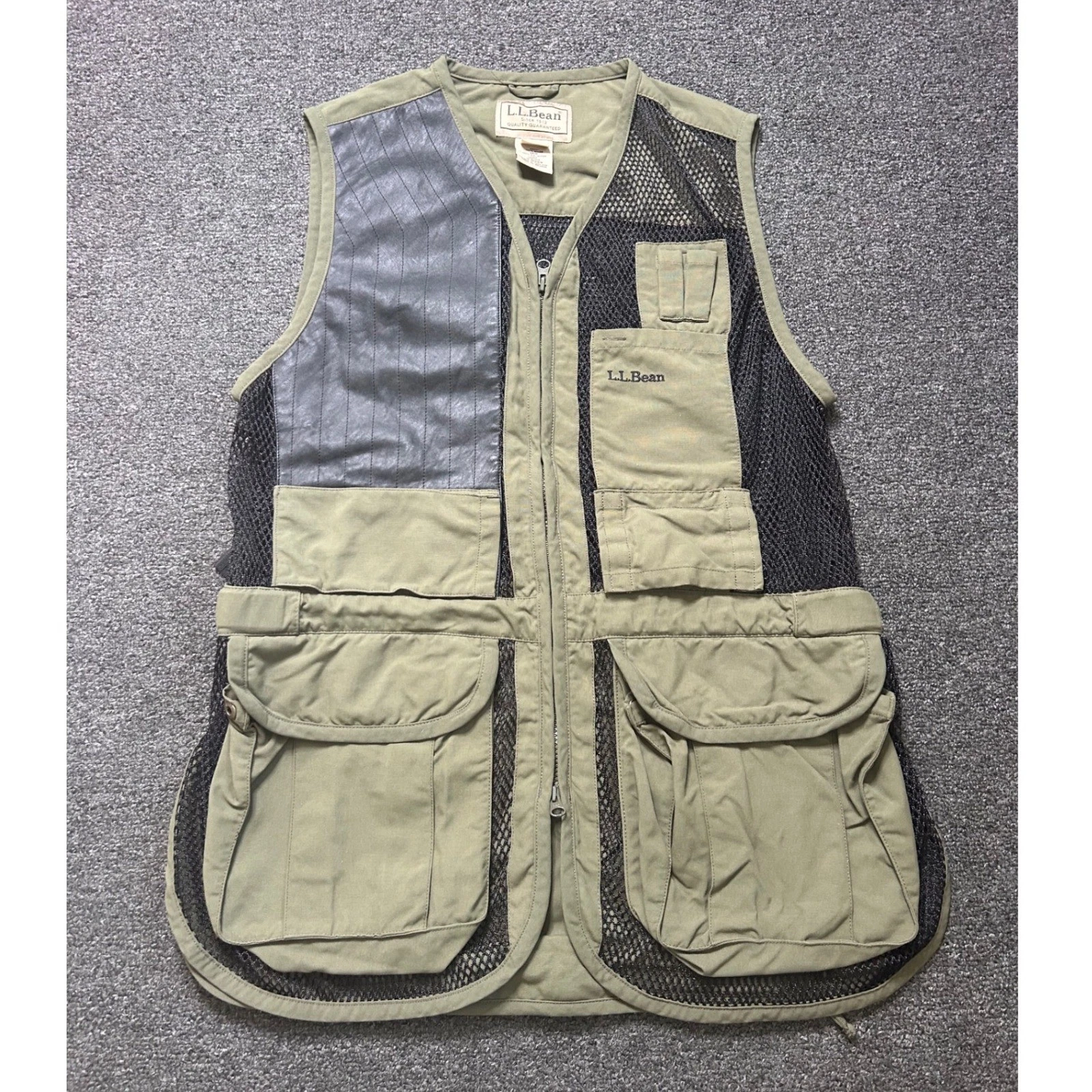 LL Bean Bird Hunting Vest Green Mens Large Mesh Leather Patch Utility Cargo Fish