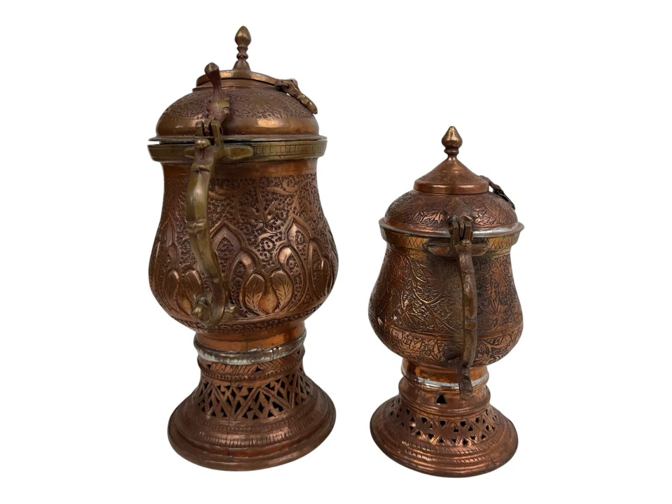 "2 piezas decorativas hechas a mano de cobre Samovar de Cachemira del Himalaya 12,5"" 10"" té" Foto 4 de 4