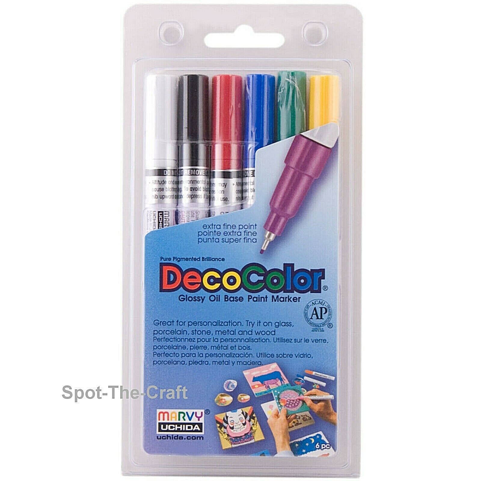 Marvy Uchida DecoColor Paint Markers 6 Oil Pens Extra Fine Tip Primary 1234-6A