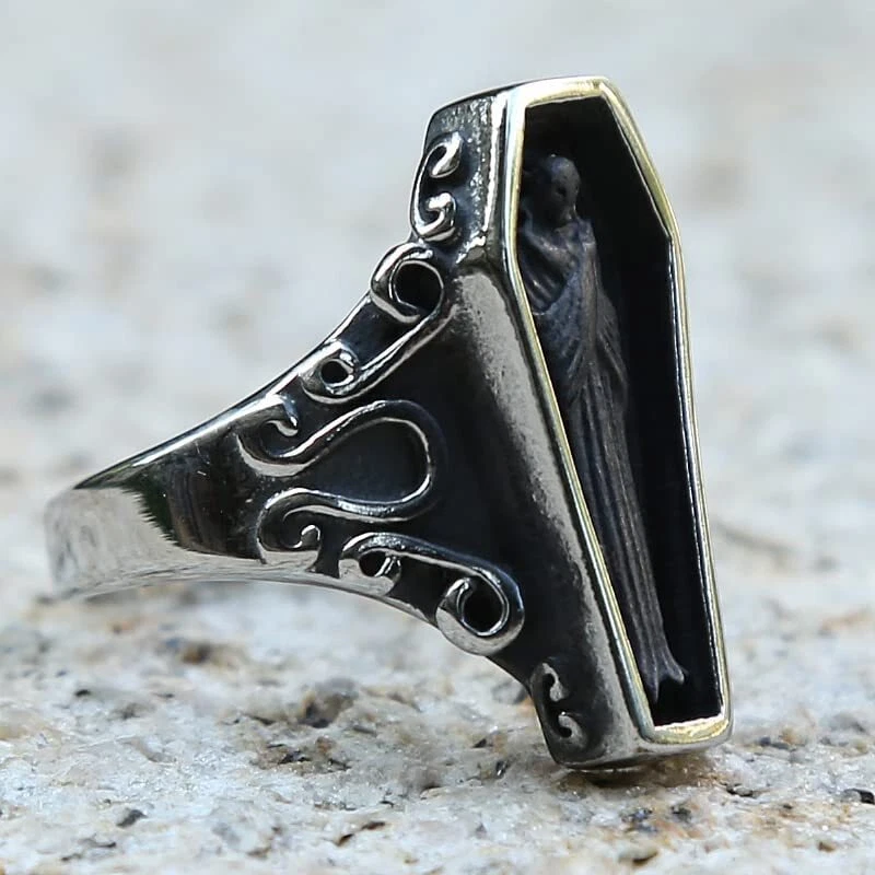 Anillos de ataúd punk de acero inoxidable para hombre gótico zombi vampiro calavera anillo de motociclista Foto 4 de 4