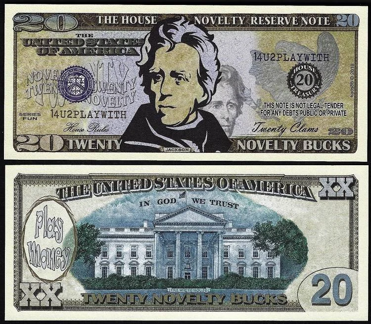 Lot of 25 Bills- Twenty Novelty Bucks, Play Money Dollar House Novelty Note